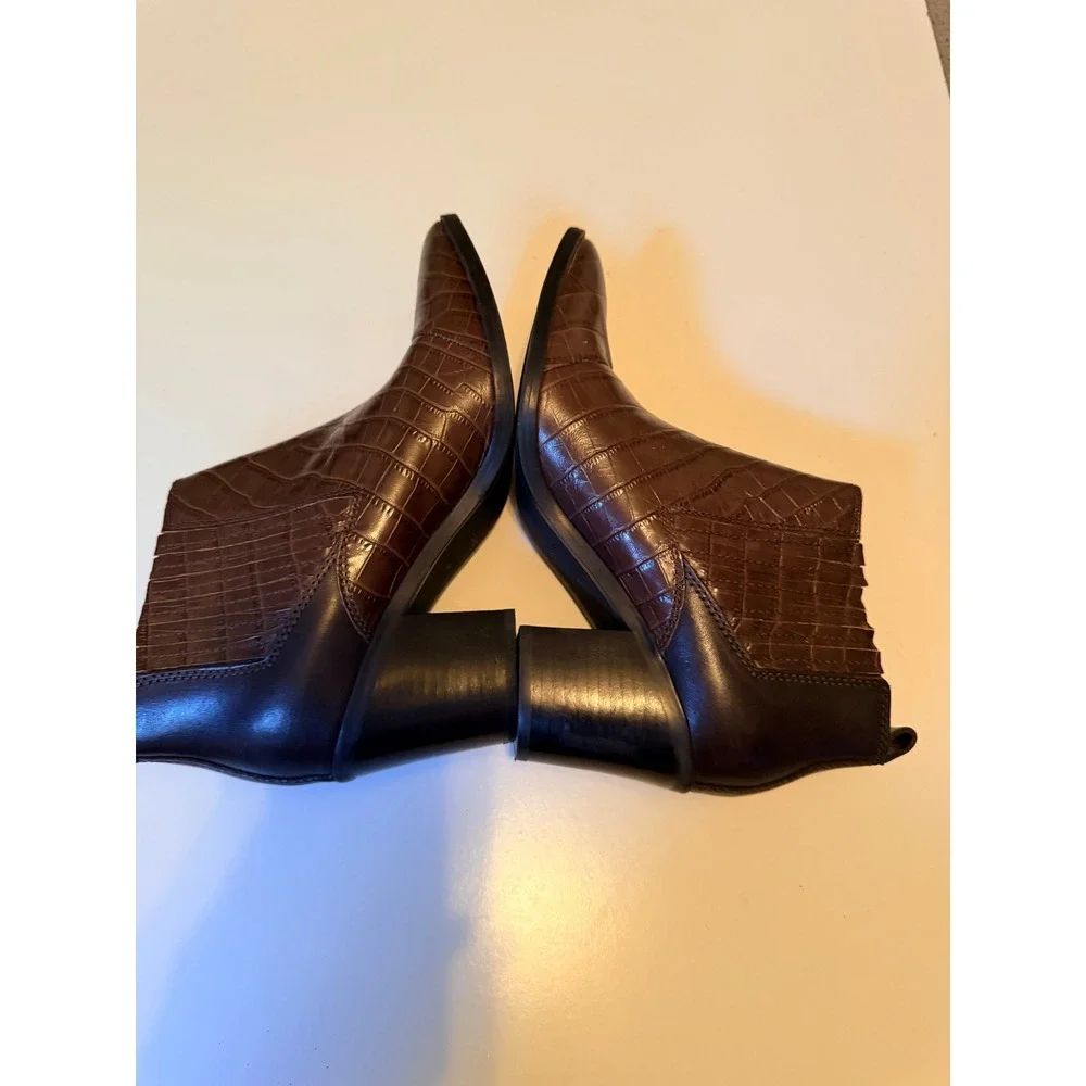 Marc Fisher Ankle Boots Size 8.5 Brown Yale Croc Embossed Leather Block Heel